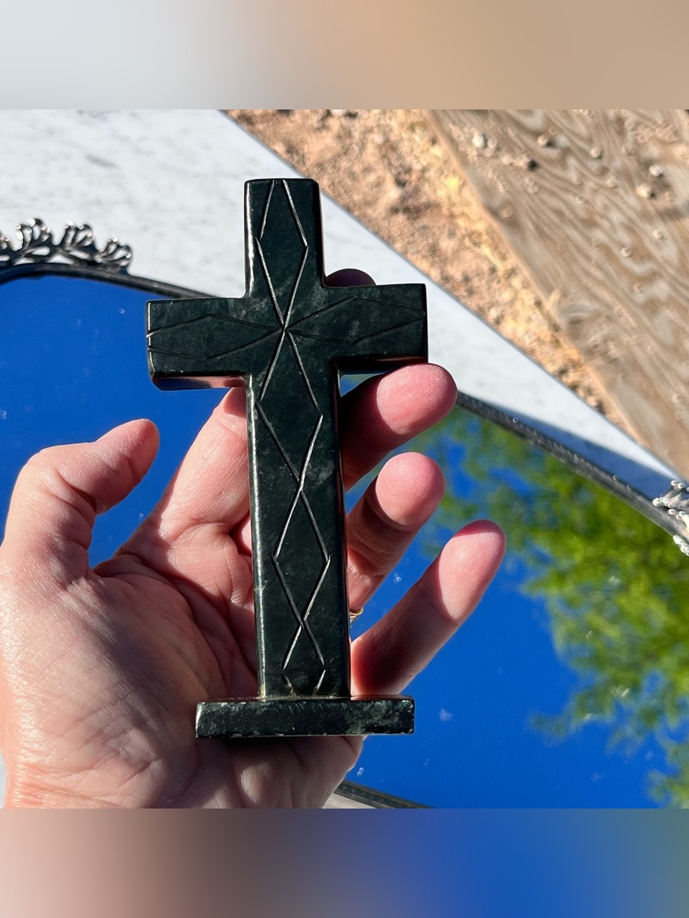Vintage Polished Green Stone, Hand Carved, Freestanding Cross approx 5” Ht, 2.5”